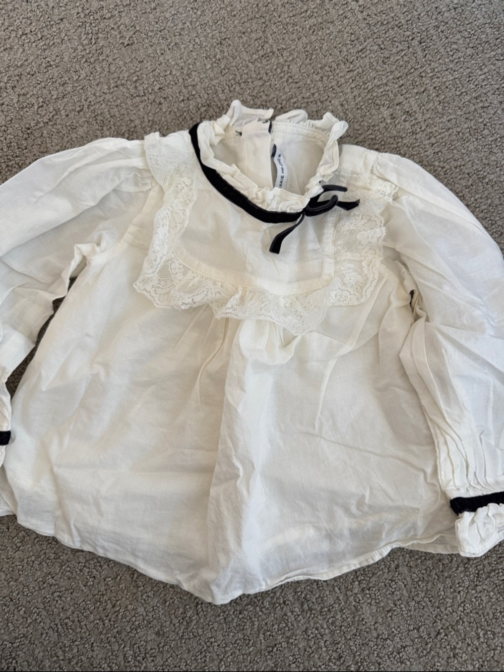 Janie and Jack White Lace-Yoke Blouse with Black Ribbon
